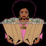 Nubian Beautiful Woman Holding Money Bag Afro Hair Smile Face Vector Design Element Hustler Hustling Cash Bank Bill SVG JPG PNG Vector Clipart Cricut Cutting Files