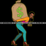 Nubian Lola Woman To Carrying Money Bag Melanin Woman Locs Dreads Hair Smile Face Girls Vector Design Element Hustler Hustling Cash Bank SVG JPG PNG Vector Clipart Cricut Cutting Files