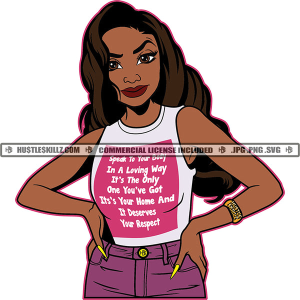 Color Design On T-Shirt African American Woman Standing Vector White Background Smile Face Woman Long Nail Design Element Curly Long Hair Style SVG JPG PNG Vector Clipart Cricut Cutting Files