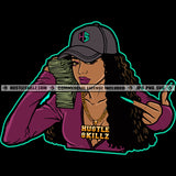 African American Woman Holding Money Design Element Wearing Cap Nubian Woman Curly Hair Hustler Hustling SVG JPG PNG Vector Clipart Cricut Cutting Files
