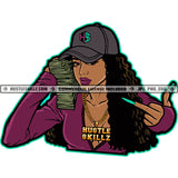 African American Woman Holding Money Design Element Wearing Cap Nubian Woman Curly Hair Hustler Hustling SVG JPG PNG Vector Clipart Cricut Cutting Files