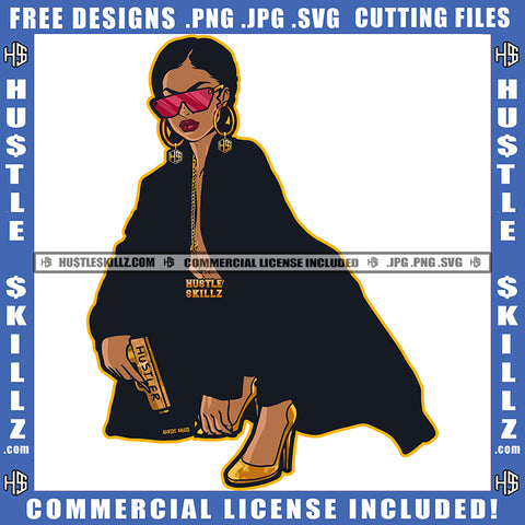 African American Gangster Woman Sitting Design Element Gangster Woman Holding Gun And Wearing Sunglass Hustler Hustling SVG JPG PNG Vector Clipart Cricut Cutting Files