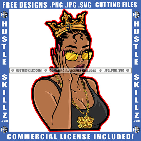 African American Sexy Woman Head Design Element Nubia Woman Wearing Sunglass And Crown On Head Hustler Hustling SVG JPG PNG Vector Clipart Cricut Cutting Files