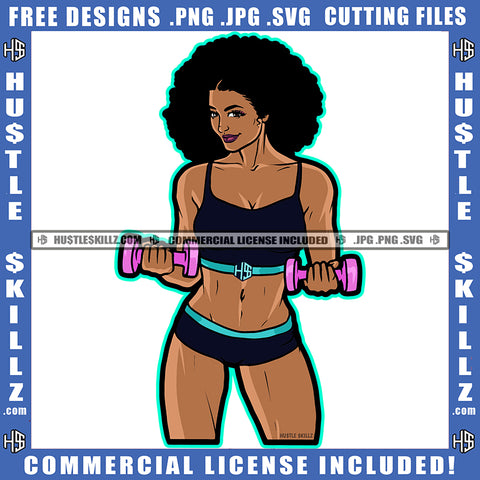 African American Fitness Woman Standing Design Element Melanin Woman Holding Dumbbell Bodybuilder Woman Wearing Gym Dress Curly Hair  Hustler Hustling SVG JPG PNG Vector Clipart Cricut Cutting Files