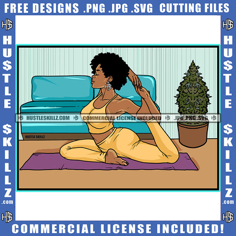 African American Fitness Woman Sitting On Floor Yoga Design Element Nubian Woman Bodybuilder Yoga Position Hustler Hustling SVG JPG PNG Vector Clipart Cricut Cutting Files