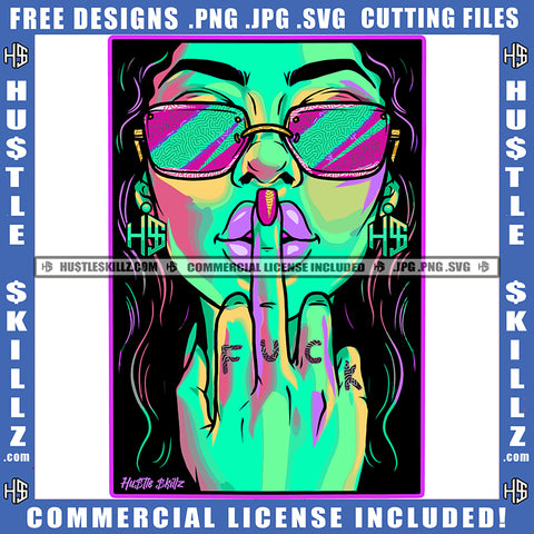 Fuck Quote Color Vector African American Woman Middle Finger Hand Sign Design Element Nubian Woman Wearing Sunglass Multi Color Hustler Hustling SVG JPG PNG Vector Clipart Cricut Cutting Files