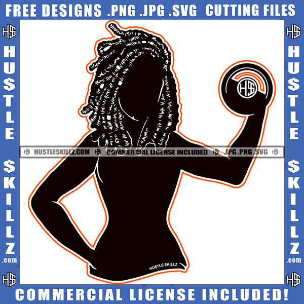 African American Locs Dreads Hair Woman Silhouette Design Element Nubian Woman Holding Basket Ball Hustling SVG JPG PNG Vector Clipart Cricut Cutting Files
