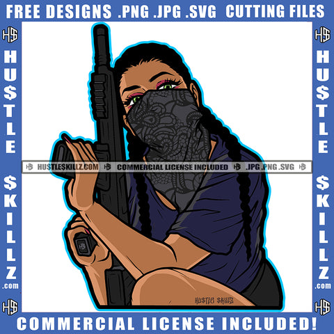 African American Gangster Woman Holding Gun Design Element Melanin Woman Wearing Musk Hustler Hustling SVG JPG PNG Vector Clipart Cricut Cutting Files