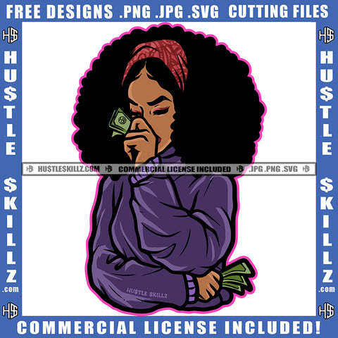 African American Woman Holding Money Melanin Vibes Vector Design Element Nubian Woman Curly Hair Hustler Hustling SVG JPG PNG Vector Clipart Cricut Cutting Files