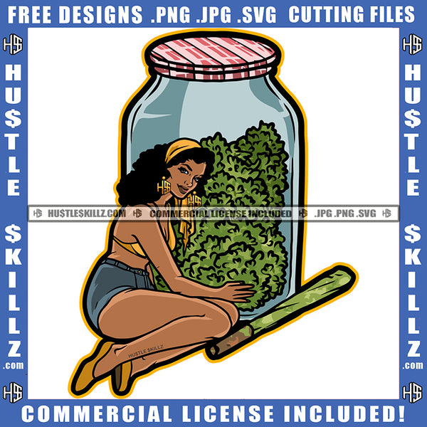 Melanin Women Sitting With Jar Of Weed Vector Cannabis Blunt Afro American Women Curly Hair Short Dress Cannabis High Life Blunt Smoking Pot Stoned SVG JPG PNG Vector Clipart Cricut Cutting Files