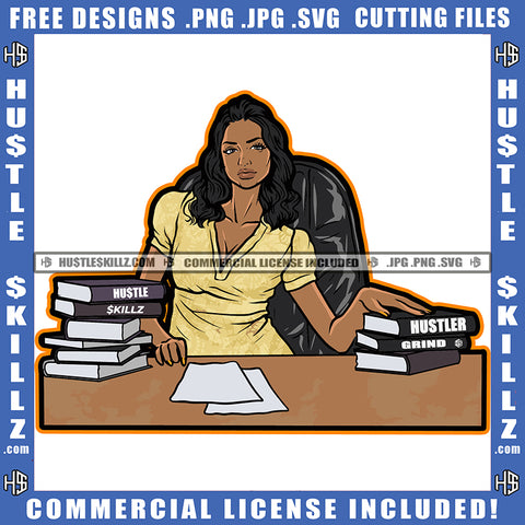 African American Employee Woman On Office Table Melanin Woman Sitting On Chair Design Element Hustler Hustling SVG JPG PNG Vector Clipart Cricut Cutting Files