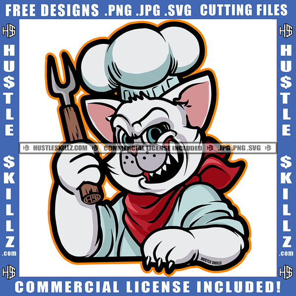 Cartoon Chef Cat Smile Face Design Element Cat Holding Spoon Cook Cat Hustler Hustling SVG JPG PNG Vector Clipart Cricut Cutting Files