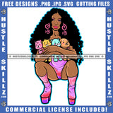 African American Woman Sitting Design Element Nubian Woman Holding Doll Toy Curly Hair Hustler Hustling SVG JPG PNG Vector Clipart Cricut Cutting Files