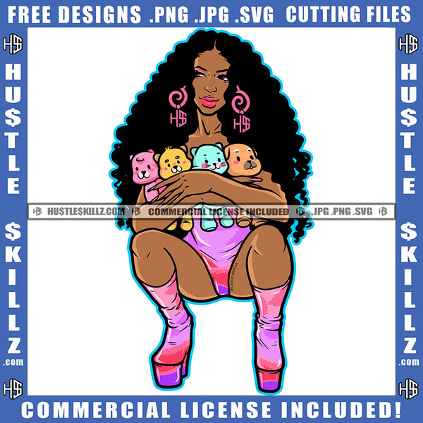African American Woman Sitting Design Element Nubian Woman Holding Doll Toy Curly Hair Hustler Hustling SVG JPG PNG Vector Clipart Cricut Cutting Files