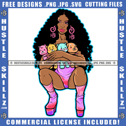 African American Woman Sitting Design Element Nubian Woman Holding Doll Toy Curly Hair Hustler Hustling SVG JPG PNG Vector Clipart Cricut Cutting Files