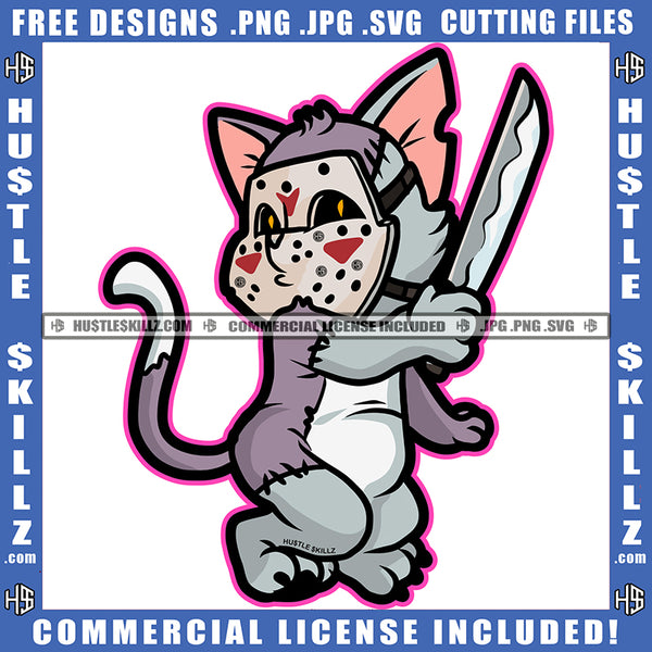 Cartoon Chef Cat Holding Knife Design Element Lovely Face Cat Hustler Hustling SVG JPG PNG Vector Clipart Cricut Cutting Files