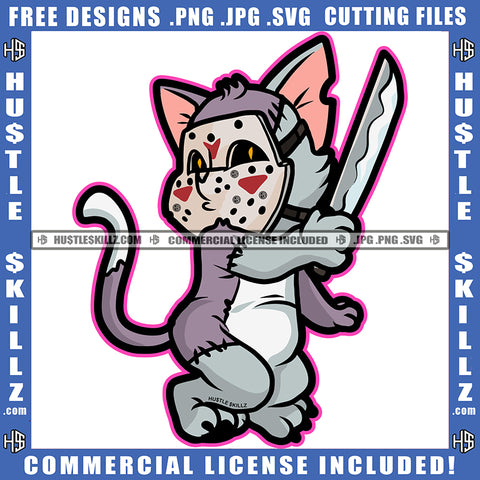 Cartoon Chef Cat Holding Knife Design Element Lovely Face Cat Hustler Hustling SVG JPG PNG Vector Clipart Cricut Cutting Files