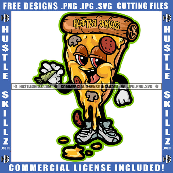 Cartoon Pizza Slice Smoking Marijuana Smile Face Design Element Pizza Slice Holding Weed Roll Hustler Hustling SVG JPG PNG Vector Clipart Cricut Cutting Files