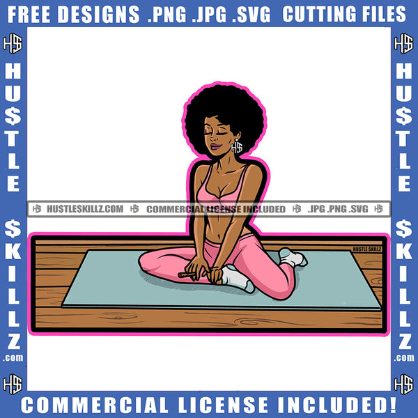 African American Yoga Woman Sitting On Floor Design Element Fitness Bodybuilder Woman Yoga Position On Gym Towel Hustler Hustling SVG JPG PNG Vector Clipart Cricut Cutting Files
