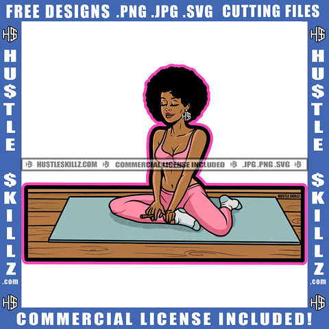 African American Yoga Woman Sitting On Floor Design Element Fitness Bodybuilder Woman Yoga Position On Gym Towel Hustler Hustling SVG JPG PNG Vector Clipart Cricut Cutting Files