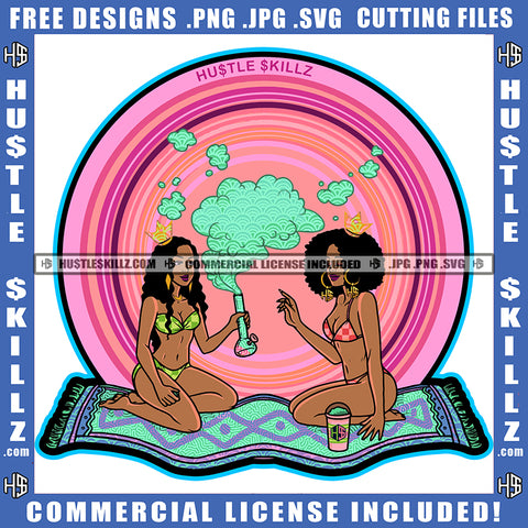 African American Woman Sitting On Mat Design Element Melanin Woman Wearing Bikini Smoking Marijuana Weed Hustler Hustling SVG JPG PNG Vector Clipart Cricut Cutting Files