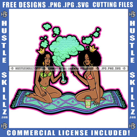 African American Woman Sitting On Mat Design Element Melanin Woman Wearing Bikini Crown On Head Hustler Hustling SVG JPG PNG Vector Clipart Cricut Cutting Files