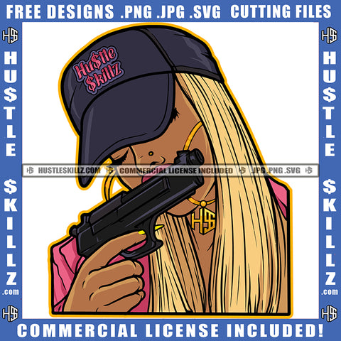 African American Gangster Woman Holding Gun Design Element Melanin Golden Hair Woman Wearing Cap  Hustler Hustling SVG JPG PNG Vector Clipart Cricut Cutting Files