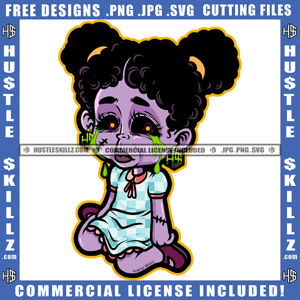 Cartoon Zombie Doll Girl Scarface Design Element Zombie Doll Sitting On Floor Hustler Hustling SVG JPG PNG Vector Clipart Cricut Cutting Files