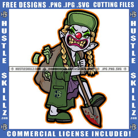 African American Zombie Cartoon Army Doll Design Element Melanin Zombie Joker Face Holding Money Bag Hustler Hustling SVG JPG PNG Vector Clipart Cricut Cutting Files