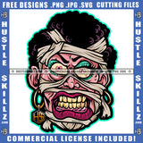 African American Cartoon Zombie Woman Face Design Element Zombie Red Eyes Curly Hair Hustler Hustling SVG JPG PNG Vector Clipart Cricut Cutting Files