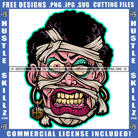 African American Cartoon Zombie Woman Face Design Element Zombie Red Eyes Curly Hair Hustler Hustling SVG JPG PNG Vector Clipart Cricut Cutting Files