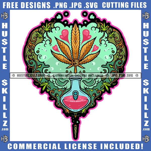 Decorative Heart Shape Marijuana Leaves Vector Design Colorful Cannabis Leaves Red Heart Pot Stoned Smoking Weed Design Element SVG JPG PNG Vector Clipart Cricut Cutting Files