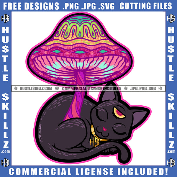 Cartoon Horror Cat Sleeping On Floor Design Element Cat Side Mushroom Hustler Hustling SVG JPG PNG Vector Clipart Cricut Cutting Files