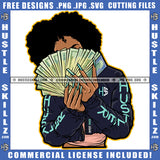 African American Woman Holding Money Cash Design Element Nubian Woman Curly Hair Hustler Hustling SVG JPG PNG Vector Clipart Cricut Cutting Files