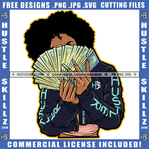 African American Woman Holding Money Cash Design Element Nubian Woman Curly Hair Hustler Hustling SVG JPG PNG Vector Clipart Cricut Cutting Files