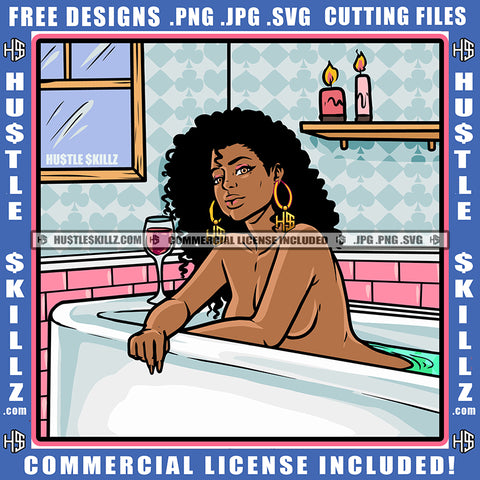 African American Sexy Woman Sleep On Bath Top Undress Design Element Melanin Woman Curly Hair Hustler Hustling SVG JPG PNG Vector Clipart Cricut Cutting Files