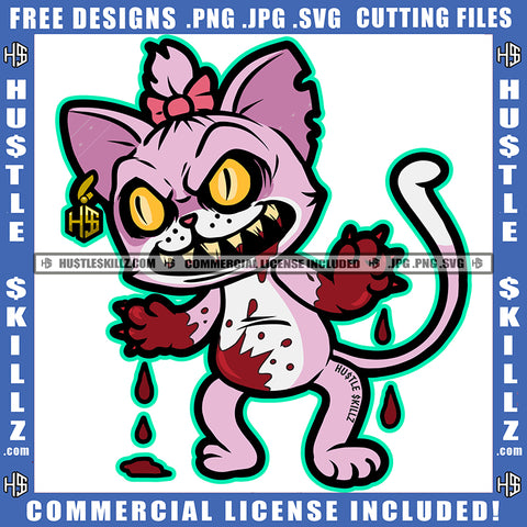 Cartoon Horror Zombie Cat Design Element Zombie Dangerous Cat Blood Dripping On Floor Hustler Hustling SVG JPG PNG Vector Clipart Cricut Cutting Files