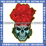 Cartoon Skull Skeleton Head Design Element Rose on Skull Head Red Eyes Smile Face Horror Hustler Hustling SVG JPG PNG Vector Clipart Cricut Cutting Files