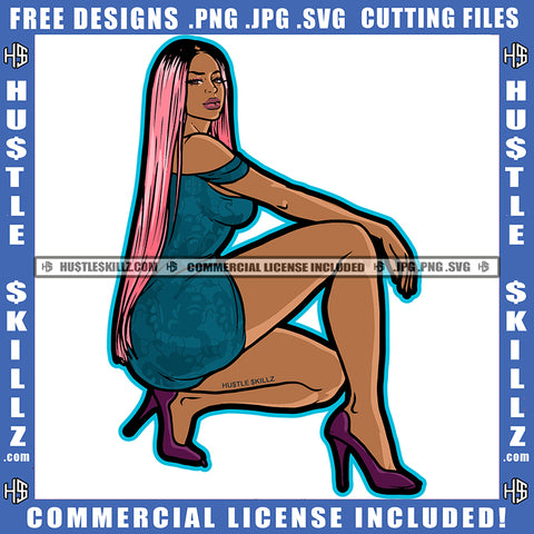 African American Sexy Woman Sitting On Floor With High Heel Design Element Melanin Woman Color Hair Hustler Hustling SVG JPG PNG Vector Clipart Cricut Cutting Files