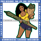 Curly Hair Melanin Women Holding Weed Bag Cannabis Blunt Vector Portrait Yellow Tops Afro Women Marijuana Color Vector Design SVG JPG PNG Vector Clipart Cricut Cutting Files