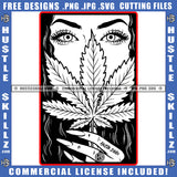 Green Eye Melanin Women Holding Marijuana Leaf BW Vector Portrait Long Nail Ring Afro American Women Cannabis High Life Silhouette SVG JPG PNG Vector Clipart Cricut Cutting Files