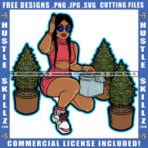 African American Sexy Woman Sitting Design Element Nubian Woman Wearing Sunglass And Holding Makeup Box Hustler Hustling SVG JPG PNG Vector Clipart Cricut Cutting Files