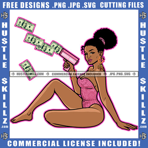 African American Woman Sitting On Floor Design Element Melanin Woman Holding Cash Cannon Hustler Hustling SVG JPG PNG Vector Clipart Cricut Cutting Files