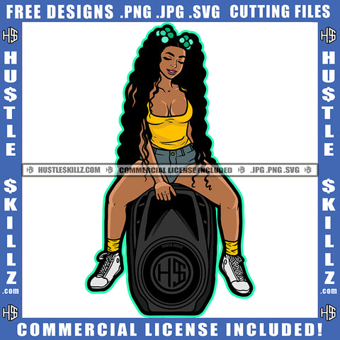 African American Woman Sitting On Music Box Design Element Melanin Woman Curly Long Hair Hustler Hustling SVG JPG PNG Vector Clipart Cricut Cutting Files