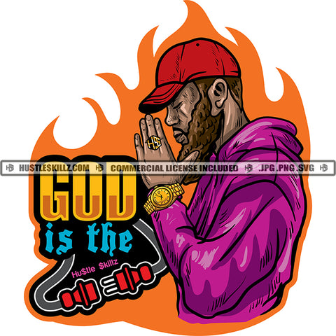 God Is The Color Quote African American Man Praying Design Element Hand Hard Praying Fire Background Design Wearing Cap Color Vector SVG JPG PNG Vector Clipart Cricut Cutting Files