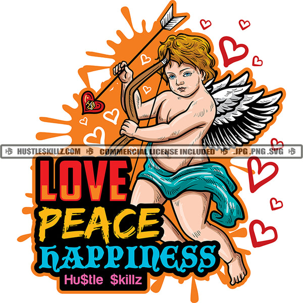 Love Peace Happiness Color Quote Young Angle Boy Standing Vector Holding X-Bow Heart Symbol Design Element With Wings Color Dripping White Background SVG JPG PNG Vector Clipart Cricut Cutting Files