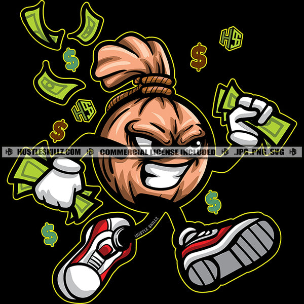 Money Bag Running Holding Cash Sign Hustling Hustler Angry Face Money Bag Vector Design Element SVG JPG PNG Vector Clipart Cricut Cutting Files