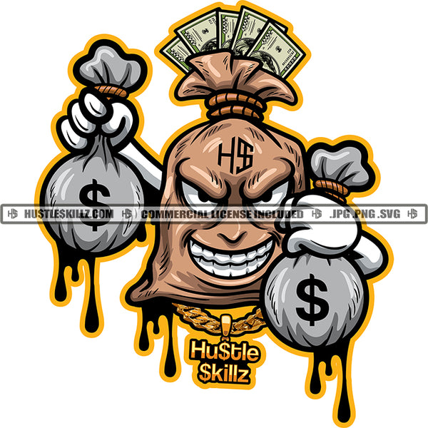 Funny Money Bag Character Holding Double Money Bag Smile Face Money Bag Design Element Color Dripping White Background SVG JPG PNG Vector Clipart Cricut Cutting Files