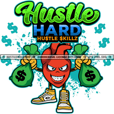 Hustle Hard Quote Color Vector Money Bag Smile Face Holding Money Bag SVG JPG PNG Vector Clipart Cricut Cutting Files
