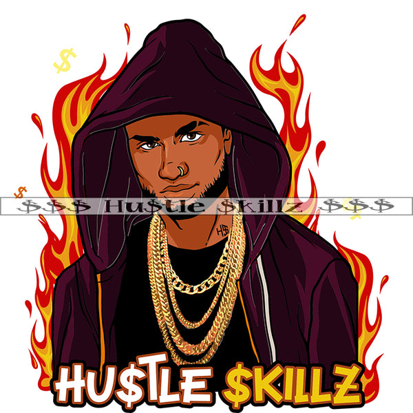 Hustle Skillz Quote African American Man Head Design Element Wearing Hudi Fire On Back Side White Background SVG JPG PNG Vector Clipart Cricut Cutting Files